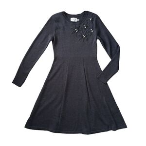 Eliza J Dark Gray Long Sleeve Fit & Flare Knit Dress With Embellishments